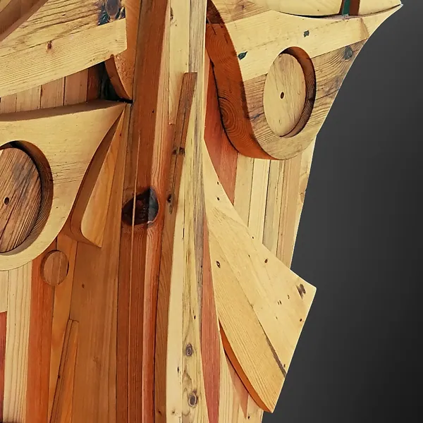 FACES wooden sculpture — reclaimed timber, hand-worked, Vancouver BC